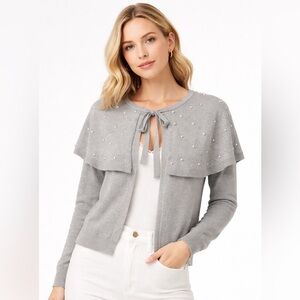 Badgley Mischka Women’s Gray Pearl Embellished Capelet Cardigan Sweater NWT